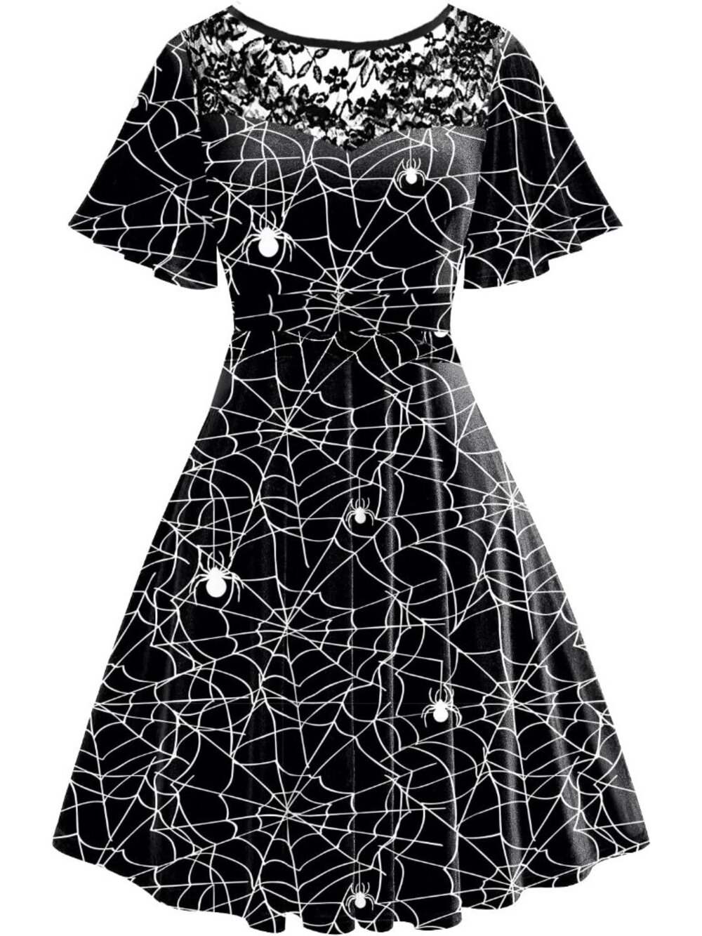 Women's Cobweb Black Halloween Dress Lace Flutter Sleeve A-Line Party Dresses